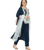 Turquoise Velvet Daffodil Straight Kurti with Straight Pants and Blush Blue Dupatta