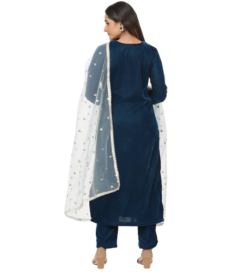 Turquoise Velvet Daffodil Straight Kurti with Straight Pants and Blush Blue Dupatta