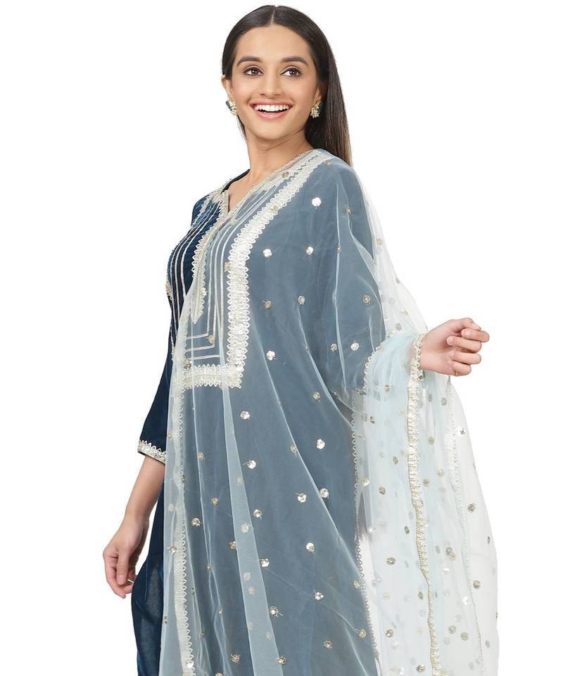 Turquoise Velvet Daffodil Straight Kurti with Straight Pants and Blush Blue Dupatta