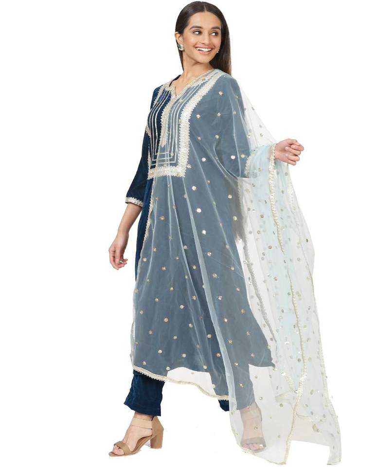 Turquoise Velvet Daffodil Straight Kurti with Straight Pants and Blush Blue Dupatta