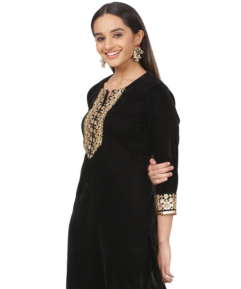Black Velvet Zari Straight Kurti with Straight Pants