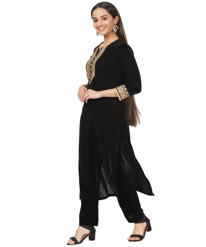 Black Velvet Zari Straight Kurti with Straight Pants