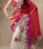 Red and White Embroidered Net saree with blouse