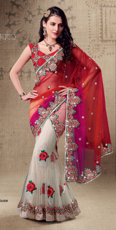 Red and White Embroidered Net saree with blouse