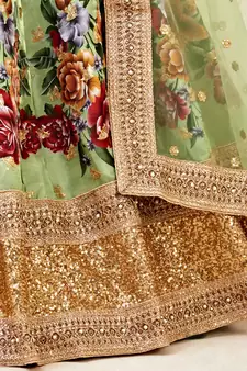 Provocative Pista green Motif, Dori, Zari and Sequins Embroidered Banglory Satin Semi Stitched Lehenga Choli for Bridal
