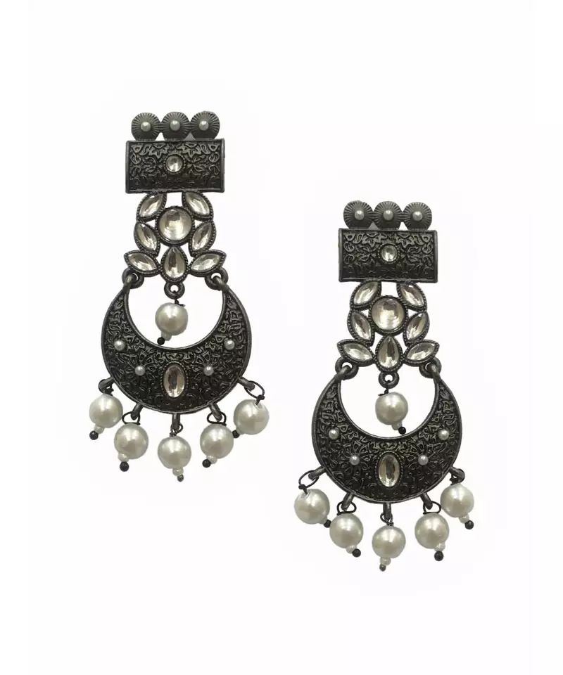 Antique Silver Crescent Pearl Earrings