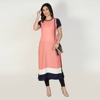 Fabclub Women Rayon Color block Straight Designer Kurti (Peach) 1