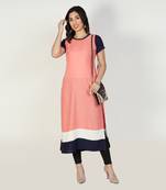 Fabclub Women Rayon Color block Straight Designer Kurti (Peach)