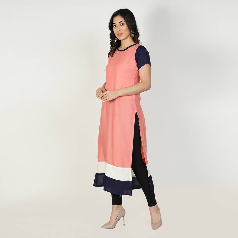 Fabclub Women Rayon Color block Straight Designer Kurti (Peach)
