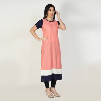 Fabclub Women Rayon Color block Straight Designer Kurti (Peach) 3