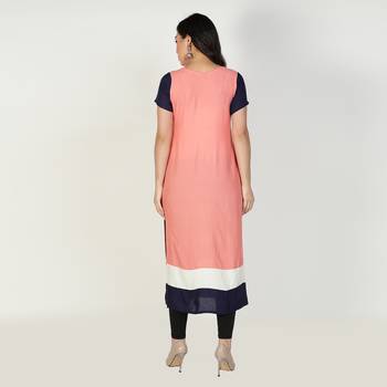 Fabclub Women Rayon Color block Straight Designer Kurti (Peach) 4