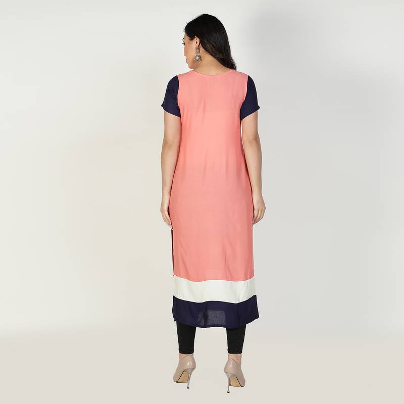 Fabclub Women Rayon Color block Straight Designer Kurti (Peach)