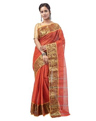 Orange hand woven pure cotton saree  1