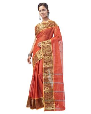 Orange hand woven pure cotton saree  2