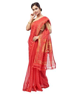 Red hand woven pure cotton silk saree  2