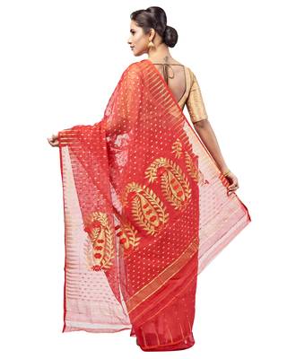 Red hand woven pure cotton silk saree  3
