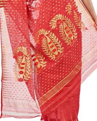 Red hand woven pure cotton silk saree  4