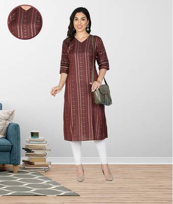 Fabclub Women Muslin Foil Print A-Line Designer Kurti (Wine) 1