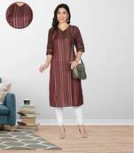 Fabclub Women Muslin Foil Print A-Line Designer Kurti (Wine)