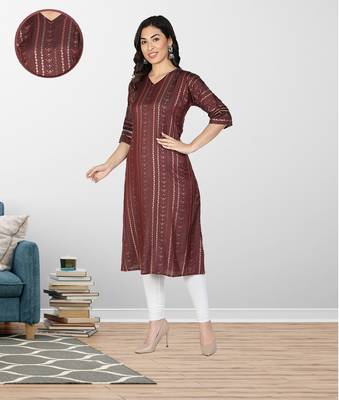 Fabclub Women Muslin Foil Print A-Line Designer Kurti (Wine) 2