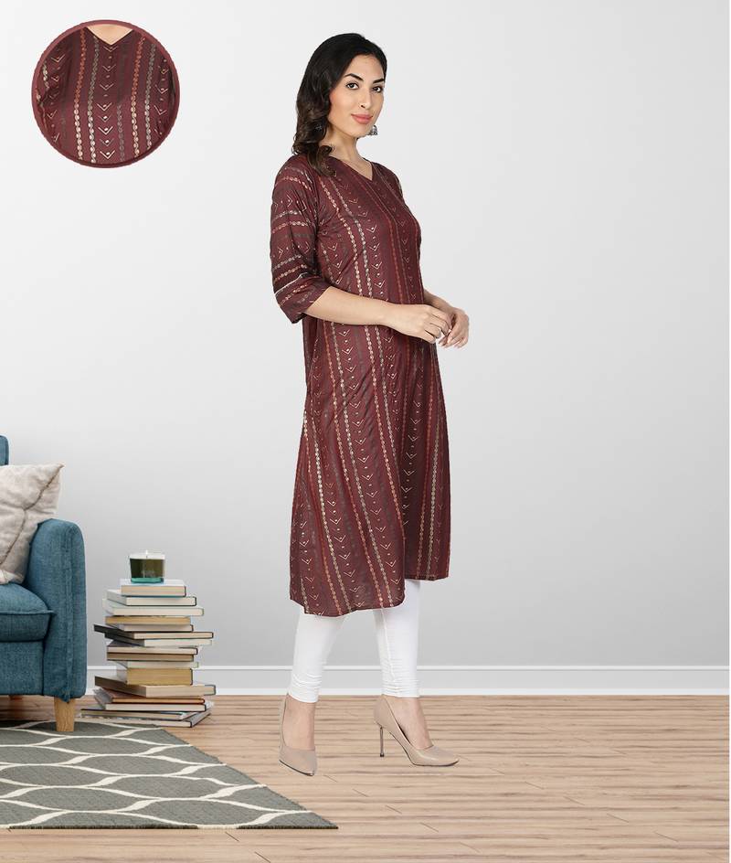 Fabclub Women Muslin Foil Print A-Line Designer Kurti (Wine)