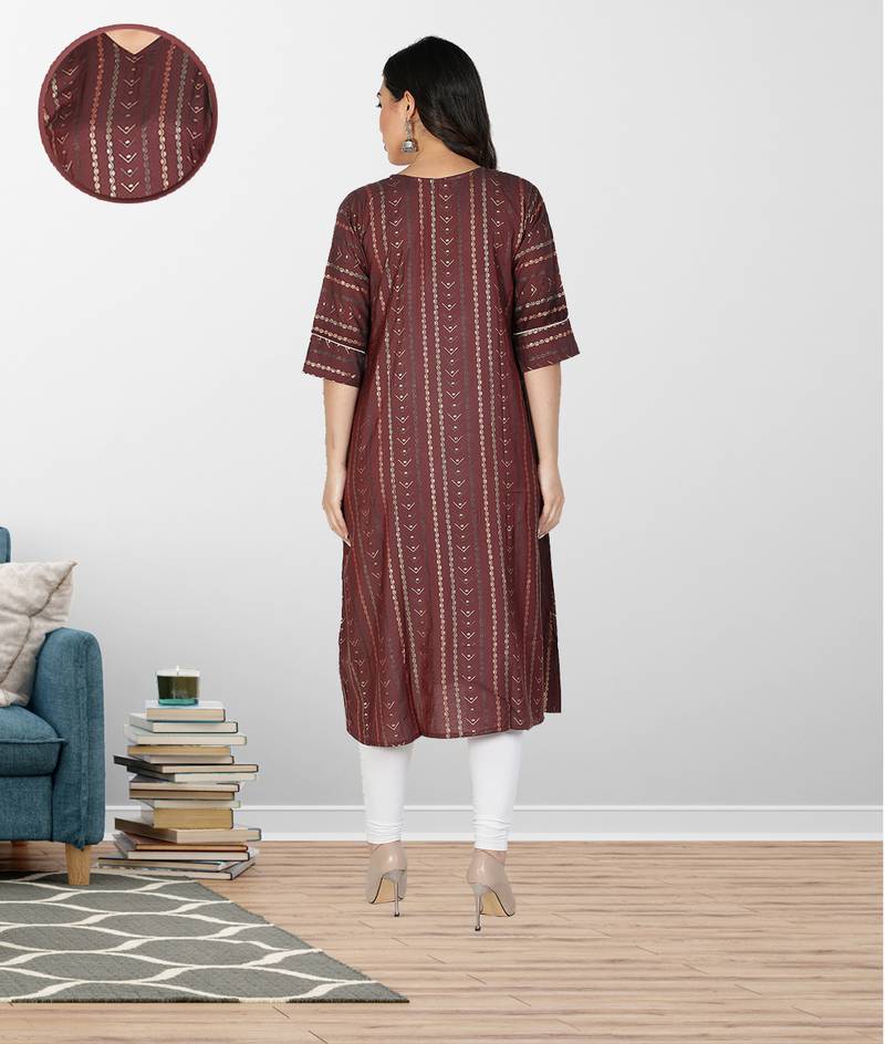 Fabclub Women Muslin Foil Print A-Line Designer Kurti (Wine)