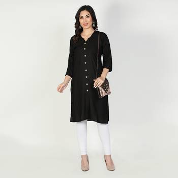 Fabclub Women Rayon Solid Plain Front Slit Straight Kurti (Black) 1
