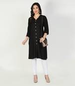 Fabclub Women Rayon Solid Plain Front Slit Straight Kurti (Black)