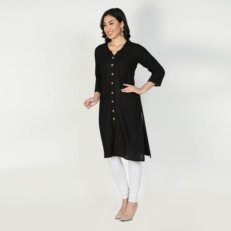 Fabclub Women Rayon Solid Plain Front Slit Straight Kurti (Black)