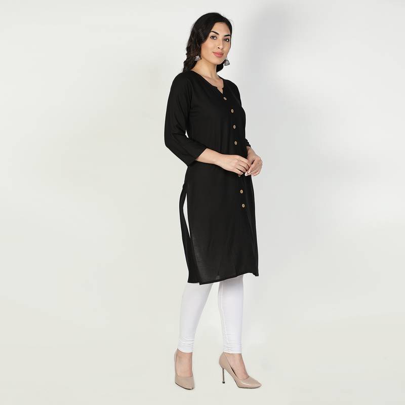Fabclub Women Rayon Solid Plain Front Slit Straight Kurti (Black)