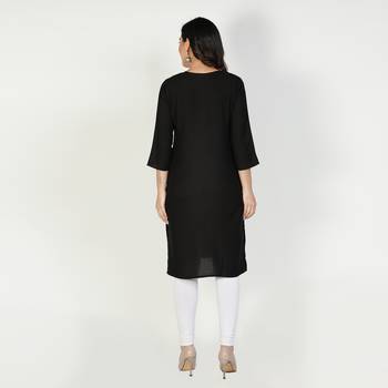 Fabclub Women Rayon Solid Plain Front Slit Straight Kurti (Black) 4