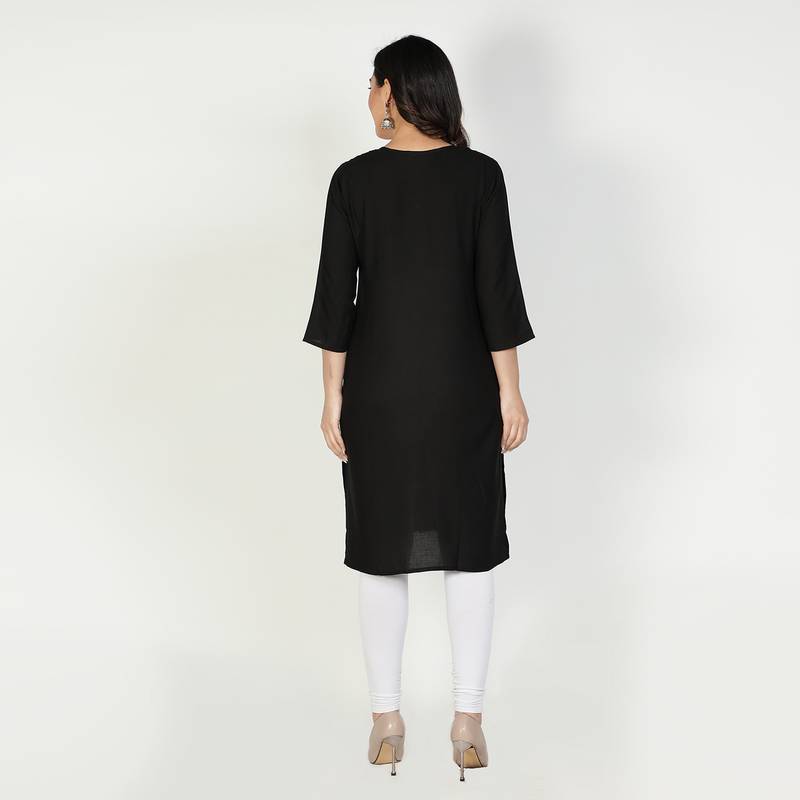 Fabclub Women Rayon Solid Plain Front Slit Straight Kurti (Black)