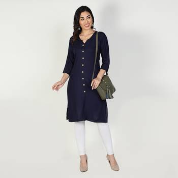 Fabclub Women Rayon Solid Plain Front Slit Straight Kurti (Navy Blue) 1