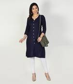 Fabclub Women Rayon Solid Plain Front Slit Straight Kurti (Navy Blue)