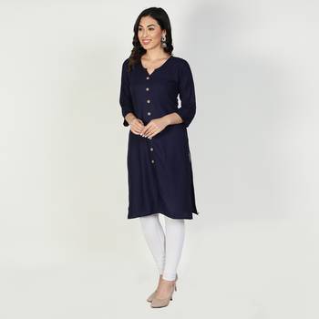 Fabclub Women Rayon Solid Plain Front Slit Straight Kurti (Navy Blue) 2