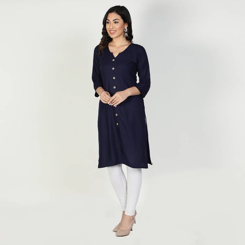 Fabclub Women Rayon Solid Plain Front Slit Straight Kurti (Navy Blue)