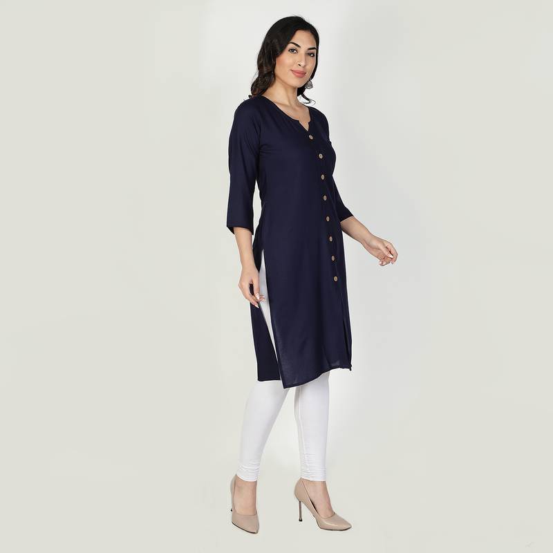 Fabclub Women Rayon Solid Plain Front Slit Straight Kurti (Navy Blue)