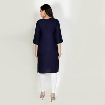 Fabclub Women Rayon Solid Plain Front Slit Straight Kurti (Navy Blue) 4