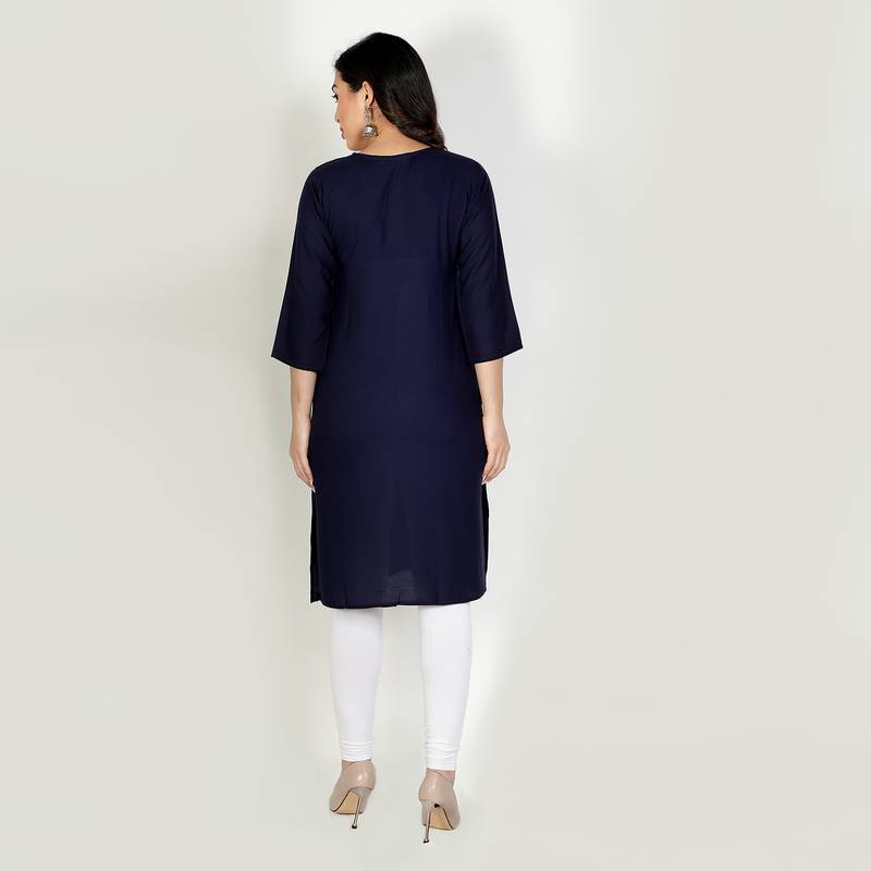 Fabclub Women Rayon Solid Plain Front Slit Straight Kurti (Navy Blue)