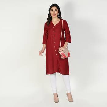 Fabclub Women Rayon Solid Plain Front Slit Straight Kurti (Maroon) 1
