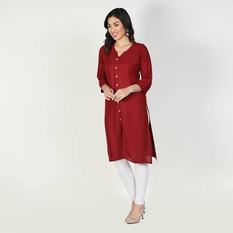 Fabclub Women Rayon Solid Plain Front Slit Straight Kurti (Maroon)