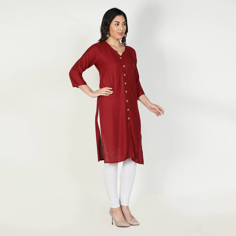 Fabclub Women Rayon Solid Plain Front Slit Straight Kurti (Maroon)
