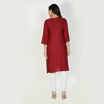 Fabclub Women Rayon Solid Plain Front Slit Straight Kurti (Maroon) 4