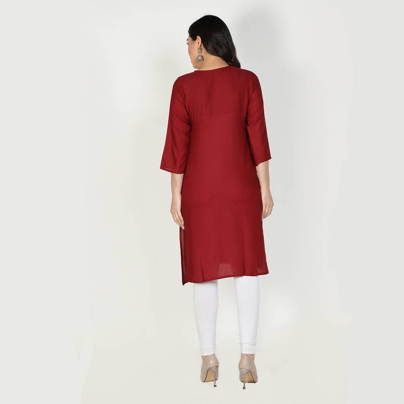 Fabclub Women Rayon Solid Plain Front Slit Straight Kurti (Maroon)