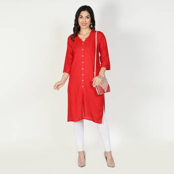 Fabclub Women Rayon Solid Plain Front Slit Straight Kurti (Red) 1