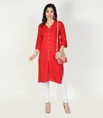 Fabclub Women Rayon Solid Plain Front Slit Straight Kurti (Red)