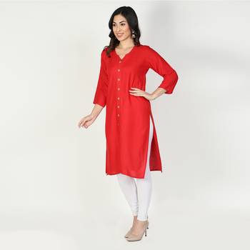 Fabclub Women Rayon Solid Plain Front Slit Straight Kurti (Red) 2
