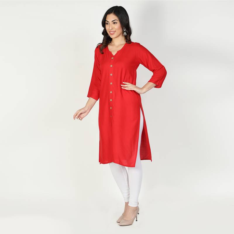 Fabclub Women Rayon Solid Plain Front Slit Straight Kurti (Red)