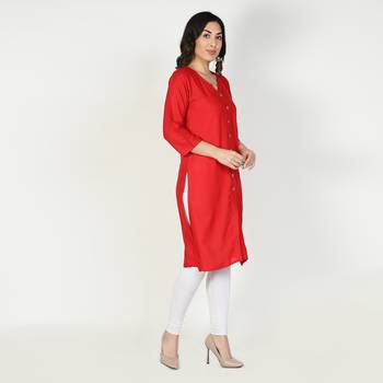 Fabclub Women Rayon Solid Plain Front Slit Straight Kurti (Red) 3
