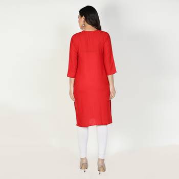 Fabclub Women Rayon Solid Plain Front Slit Straight Kurti (Red) 4